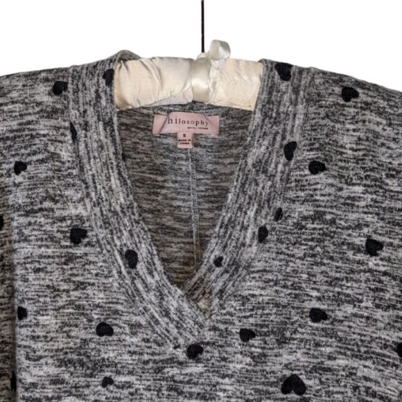 Philosophy Sweater S Gray Heart Print Vneck Long Sleeve Super Soft Romantic Love - Picture 3 of 6